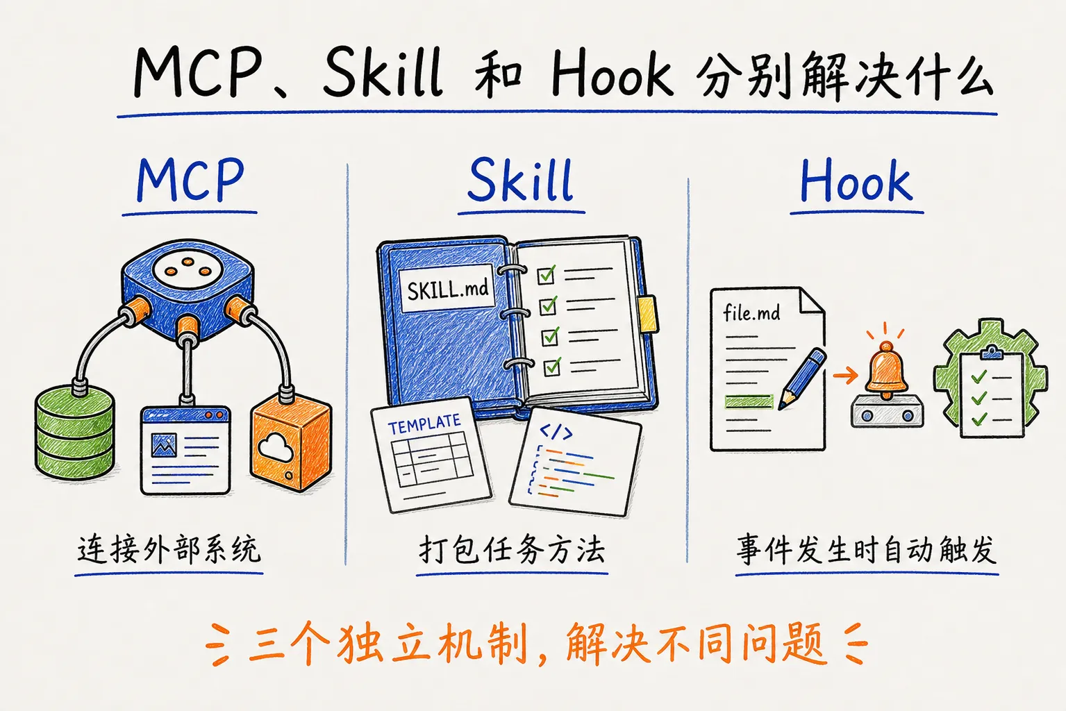 MCP、Skill 和 Hook 分别解决什么问题