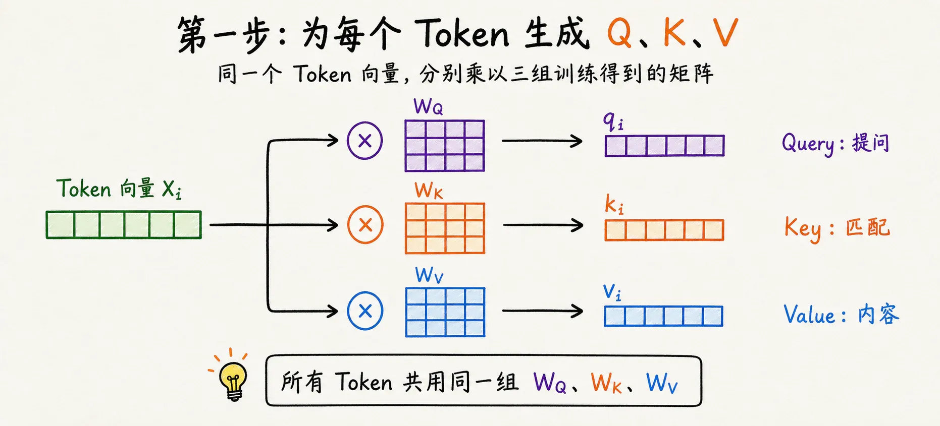 每个 Token 的 Q、K、V 并行投影
